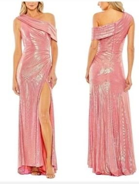 Mac DuggalOff The Shoulder Ruched Waist Slit Metallic Gown 27152 SIze 10 NWT